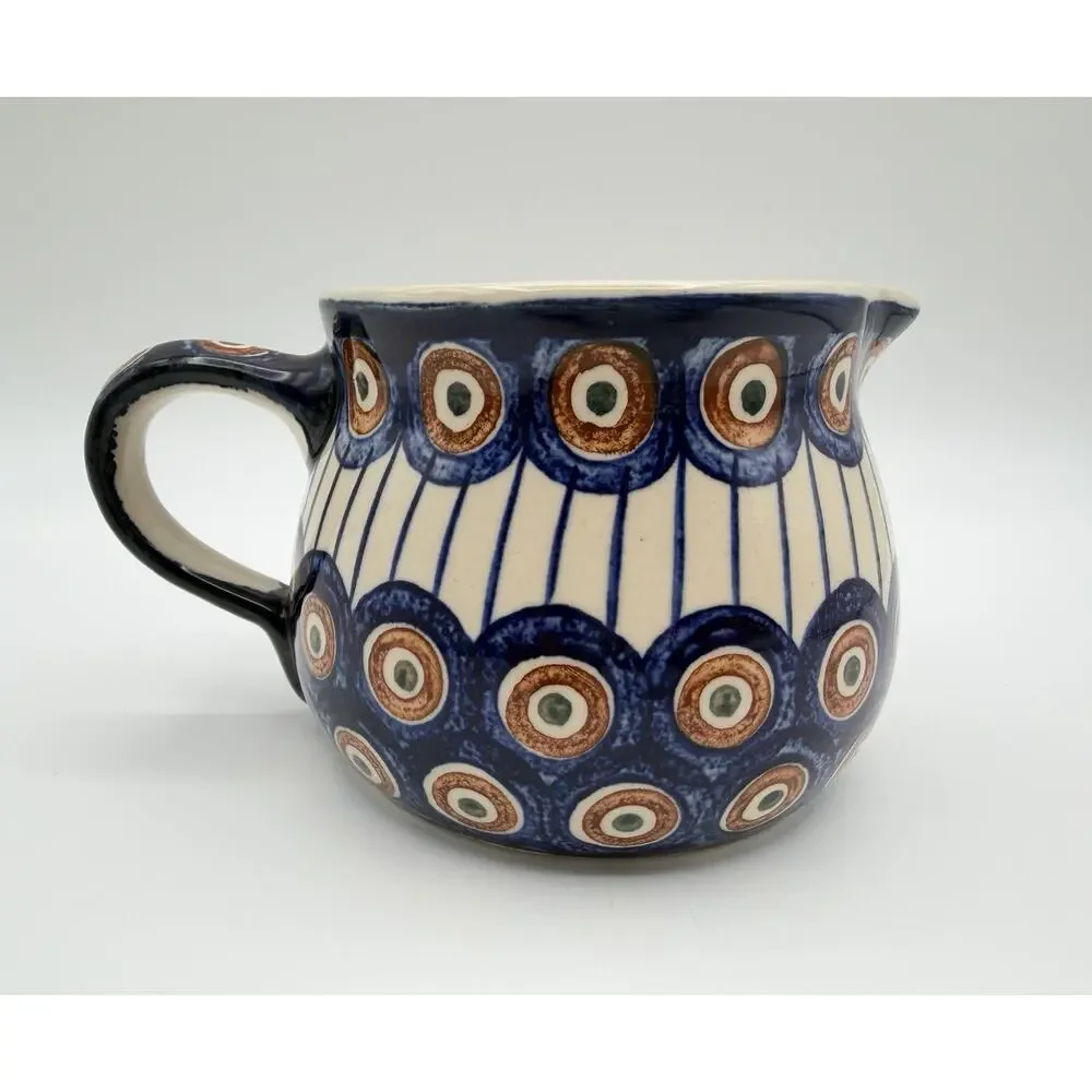 Boleslawiec Polish Pottery Handmade Stoneware Pitcher 16oz Blue Peacock Pattern